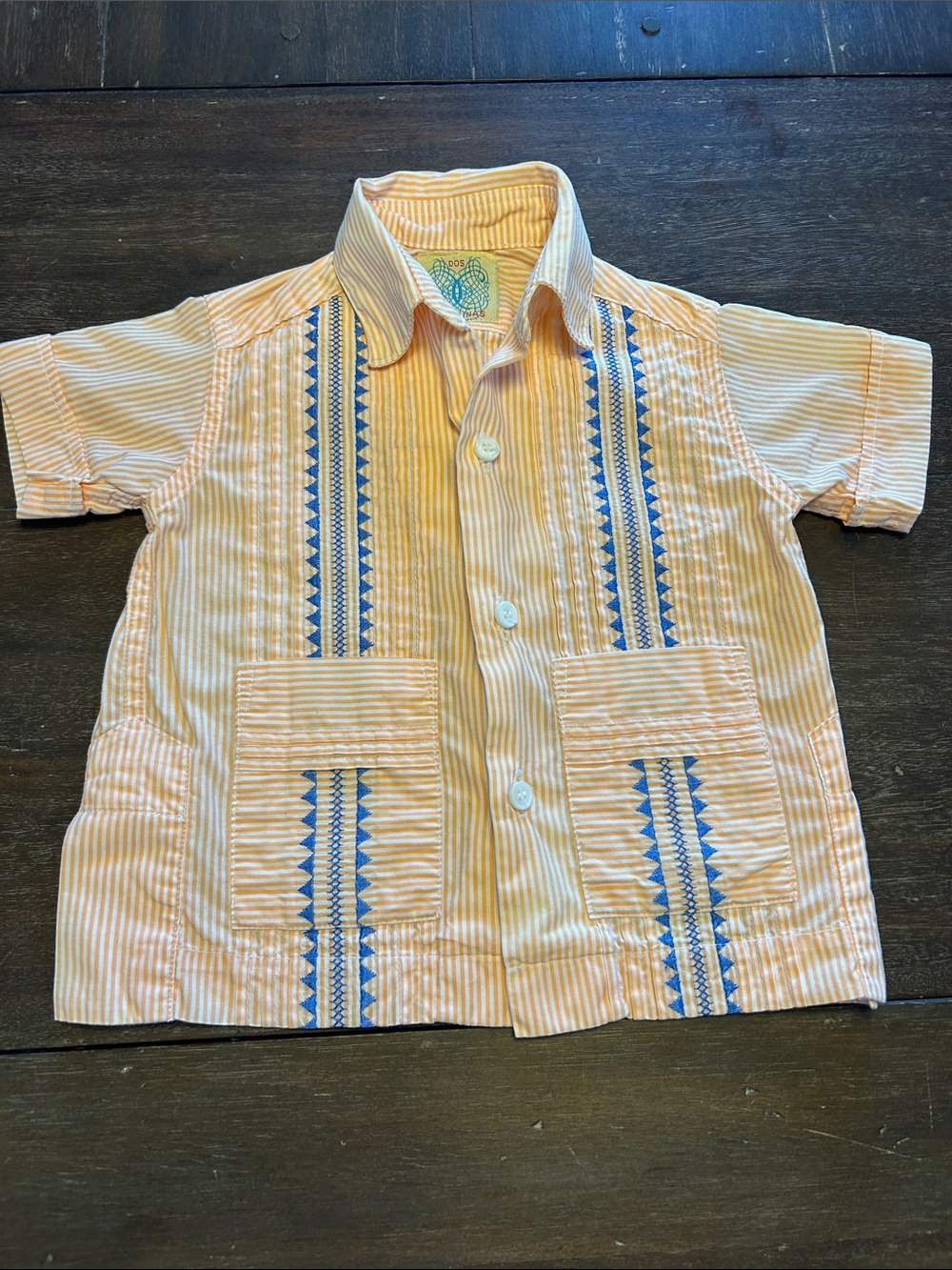 Dos Carolinas Orange/ White Stripe with Blue Short Sleeve Guayabera Shirt